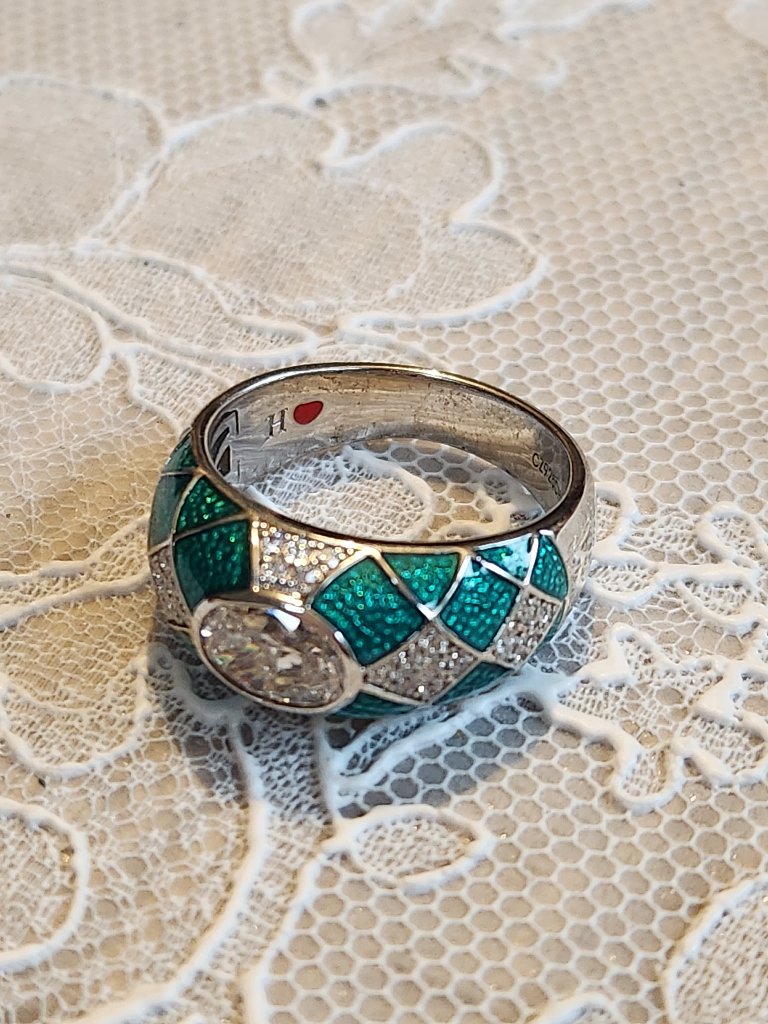 Hidalgo Diamonique Oval Cut Cz Green Enamel Ring 925 Size 9 - Geometric Pattern!